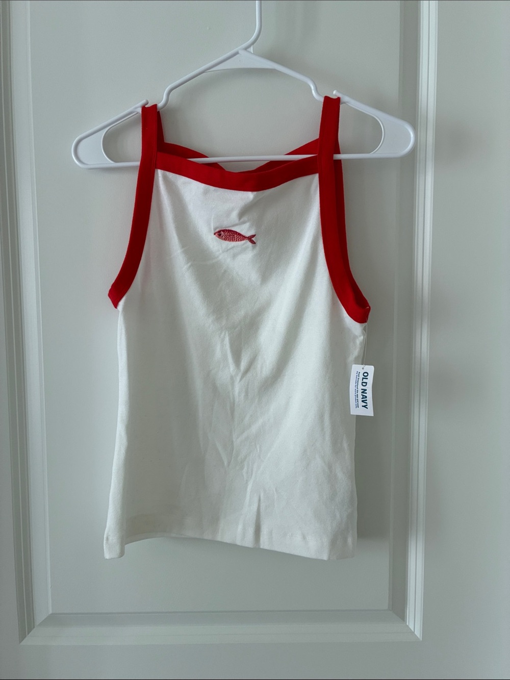 Old Navy White Tank Top with Red Trim and Fish Appliqué